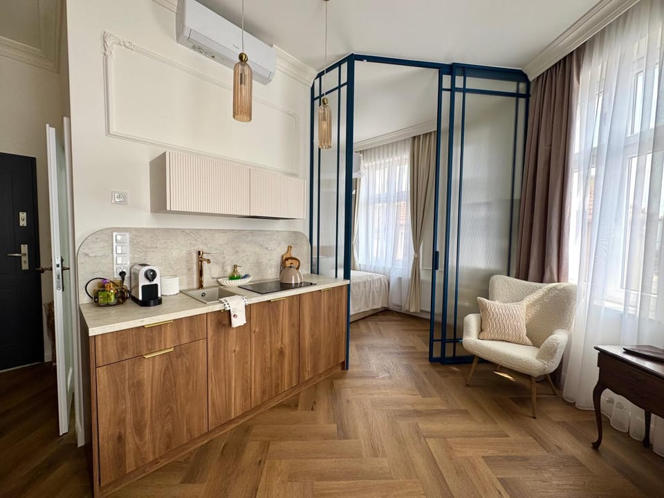Kitchen or kitchenette, Living room, Seating area, Dining area, stove