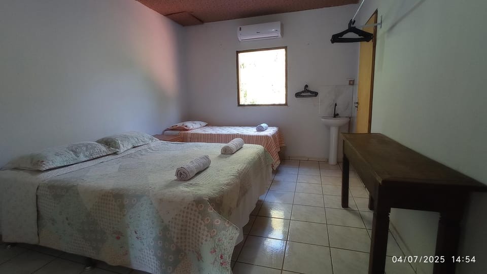 Bed, Photo of the whole room, towels, air conditioner