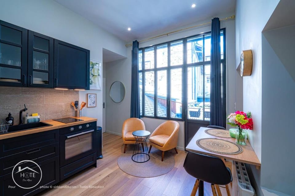 Kitchen or kitchenette, Living room, Seating area, Dining area, stove