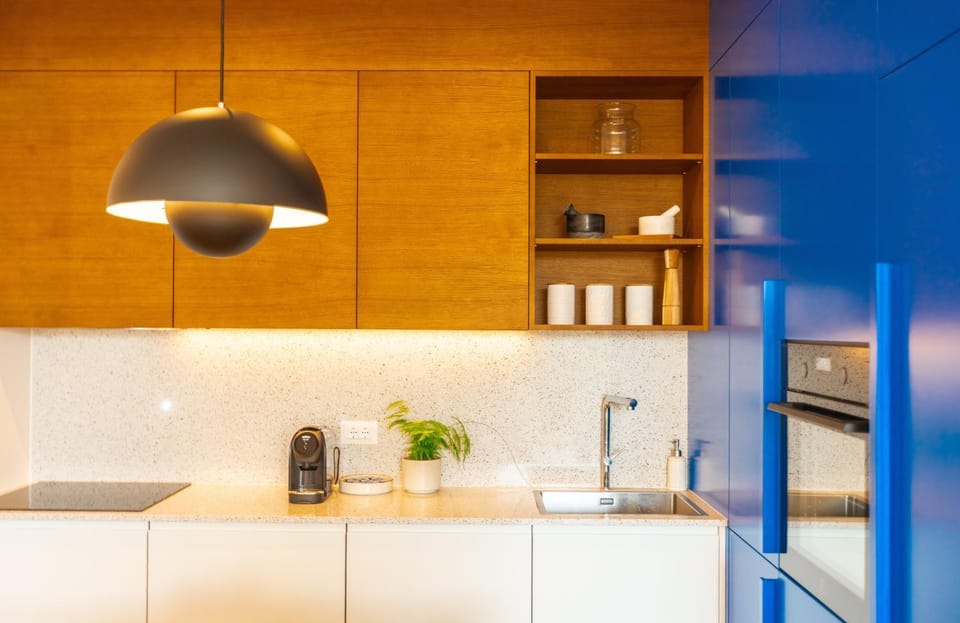 Kitchen or kitchenette, stove