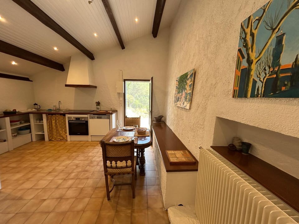 Kitchen or kitchenette, Living room, Seating area, Dining area, stove