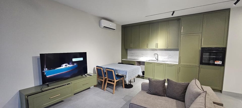 Communal lounge/ TV room, TV and multimedia, Kitchen or kitchenette, Living room, Seating area, Dining area, oven, air conditioner