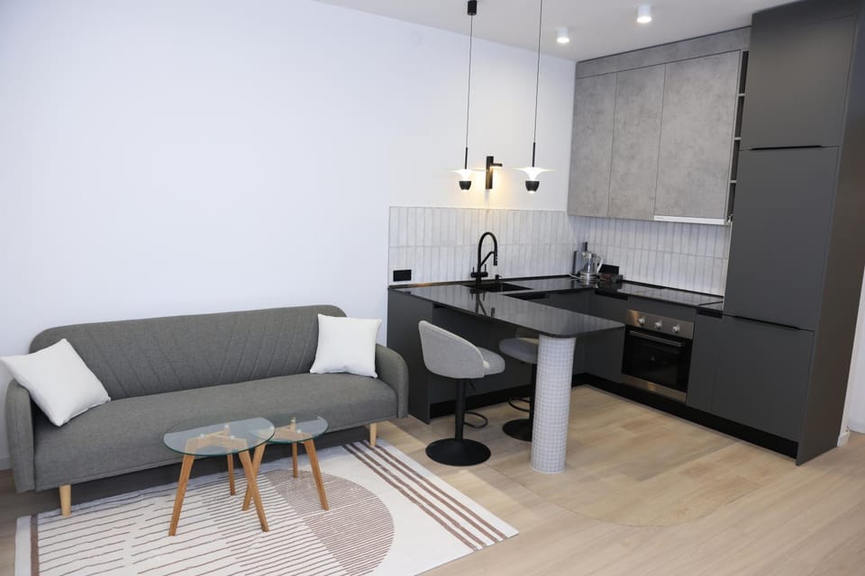 Kitchen or kitchenette, Living room, Seating area, oven, stove