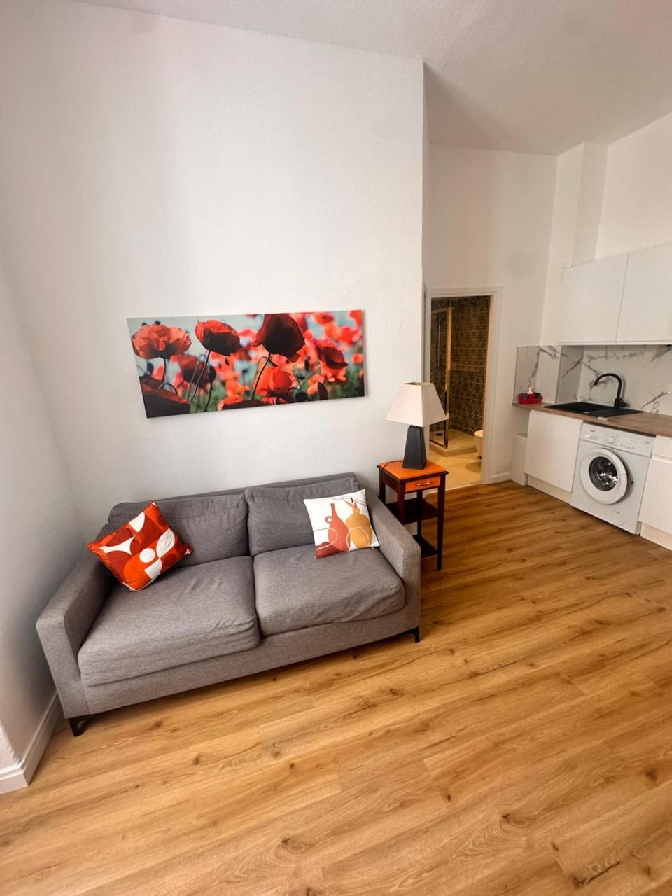 Kitchen or kitchenette, Living room, Seating area, stove, washing machine