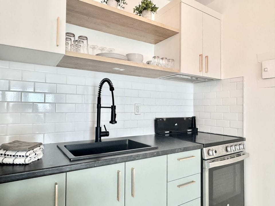 Kitchen or kitchenette, stove