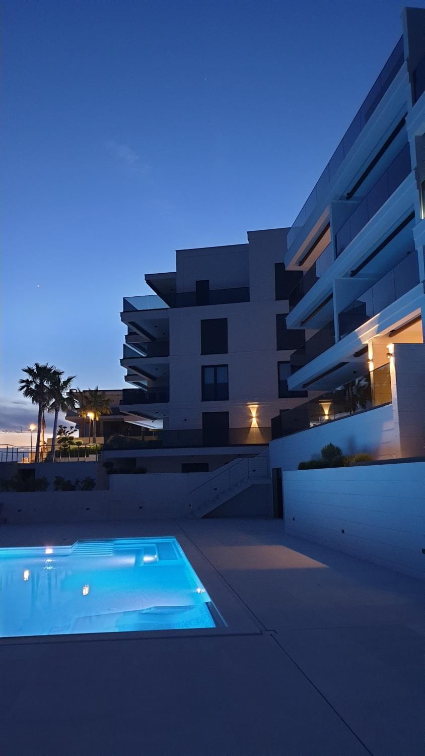 Property building, Night, Pool view, Swimming pool