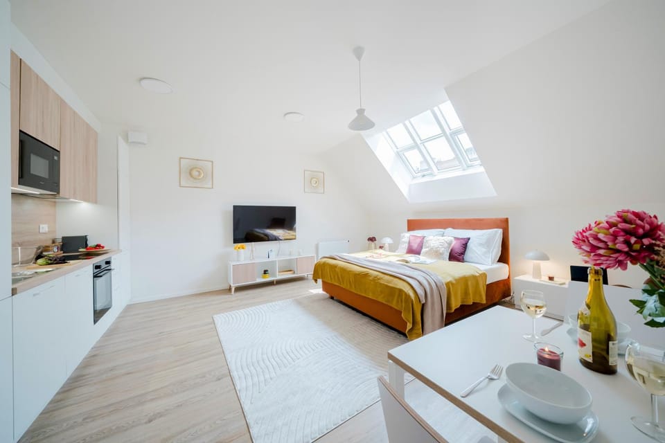 Bed, TV and multimedia, Kitchen or kitchenette, Photo of the whole room, Dining area