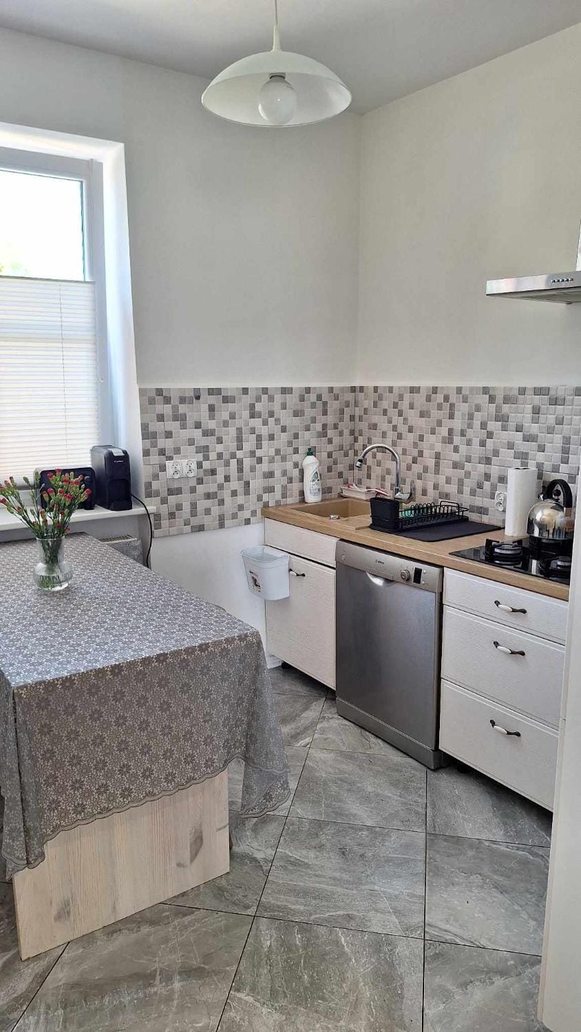 Kitchen or kitchenette, dishwasher, stove