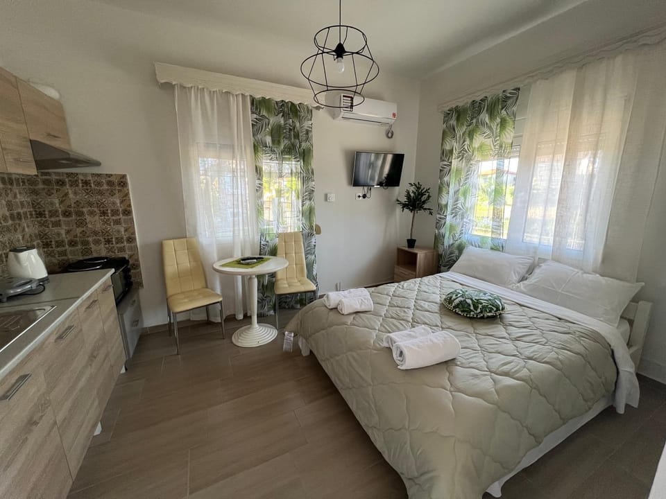 Bed, TV and multimedia, Kitchen or kitchenette, Photo of the whole room, Seating area, Dining area, Bedroom, pet friendly, stove, towels