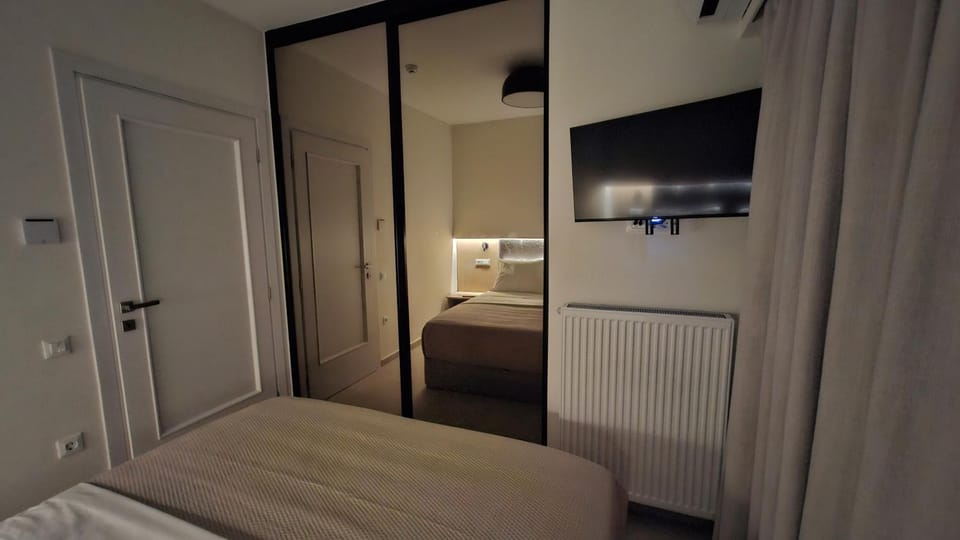 Bed, wardrobe