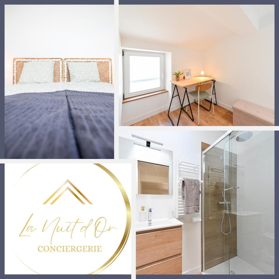 Shower, Bed, Bathroom, Seating area, Bedroom