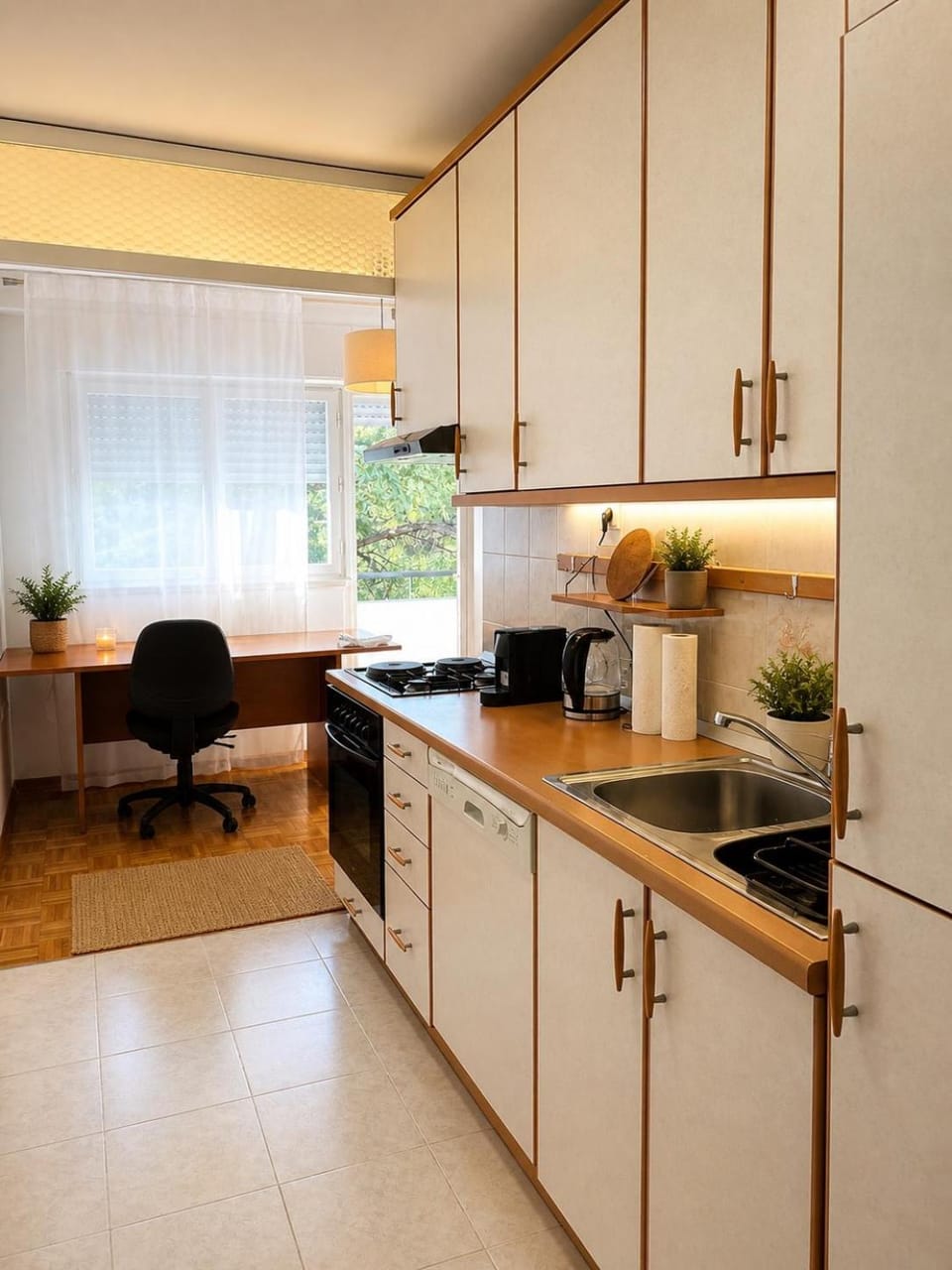 Kitchen or kitchenette, dishwasher, oven, stove
