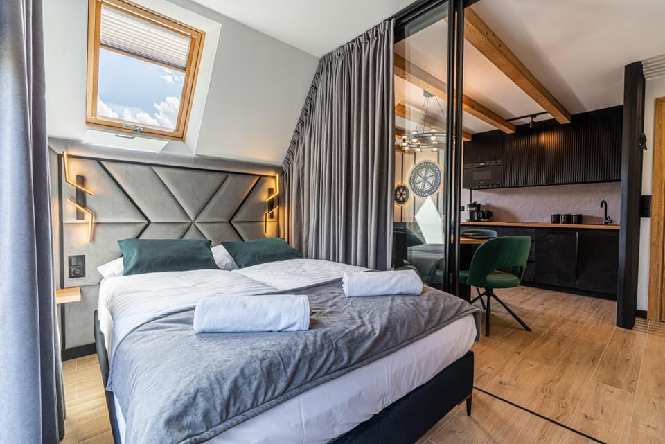 Bed, TV and multimedia, Kitchen or kitchenette, Living room, Photo of the whole room, Seating area, Bedroom, microwave, stove