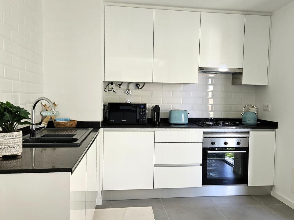 Kitchen or kitchenette, dishwasher, stove, toaster