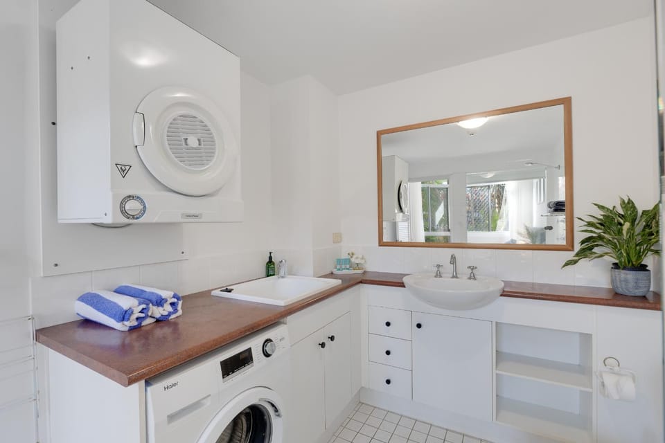 Bathroom, towels, washing machine, dryer