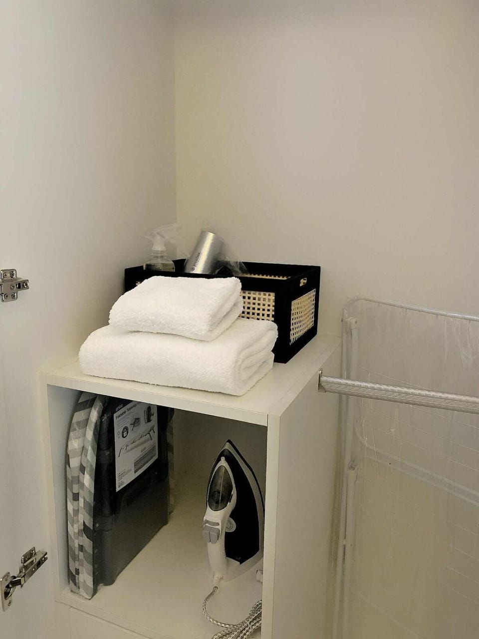 flat iron, hair dryier, towels