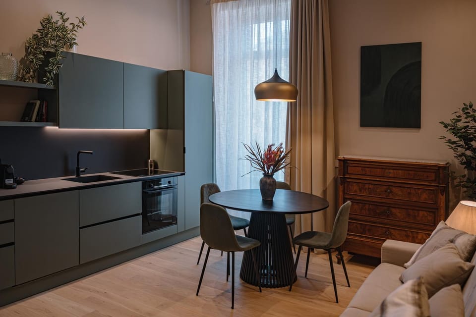 Kitchen or kitchenette, Living room, Seating area, Dining area, air conditioner