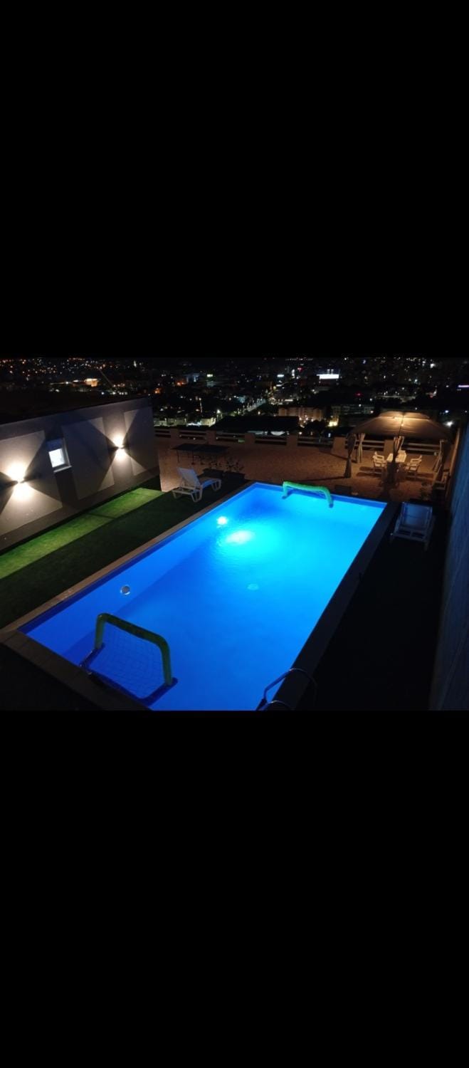 Night, City view, Swimming pool