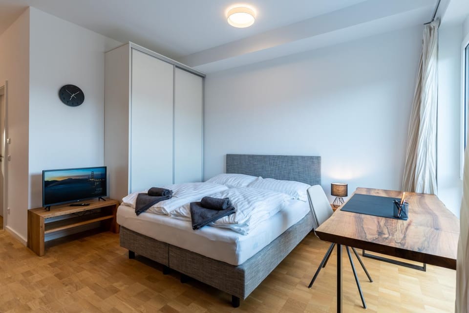 Bed, TV and multimedia, Living room, Photo of the whole room, Seating area, Bedroom, towels, wardrobe