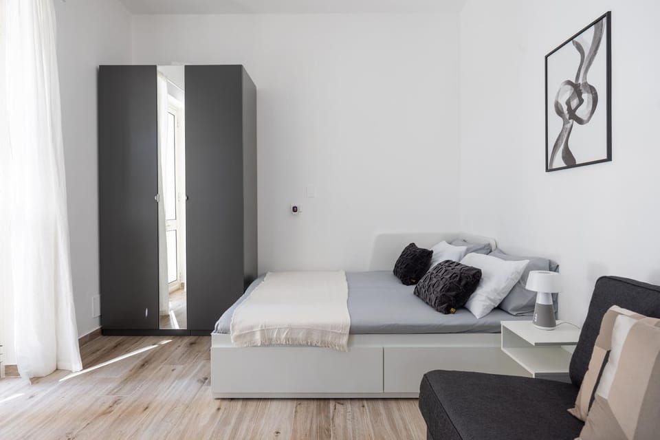 Bed, wardrobe