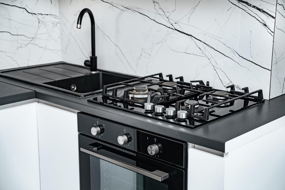 Kitchen or kitchenette, stove