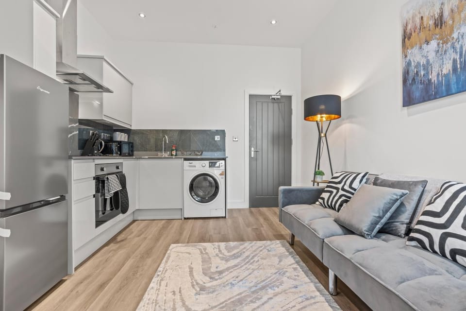 Kitchen or kitchenette, Living room, Seating area, dishwasher, oven, stove, toaster, washing machine, dryer