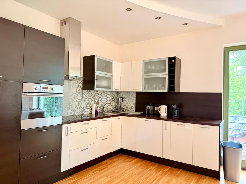 Kitchen or kitchenette, dishwasher, oven, stove