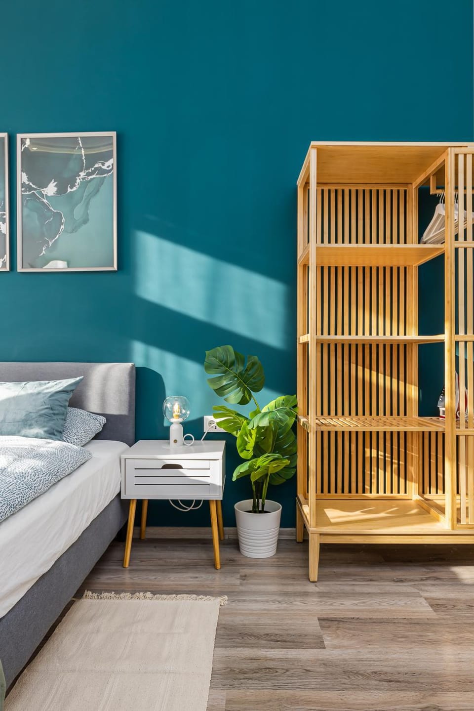 Bed, wardrobe