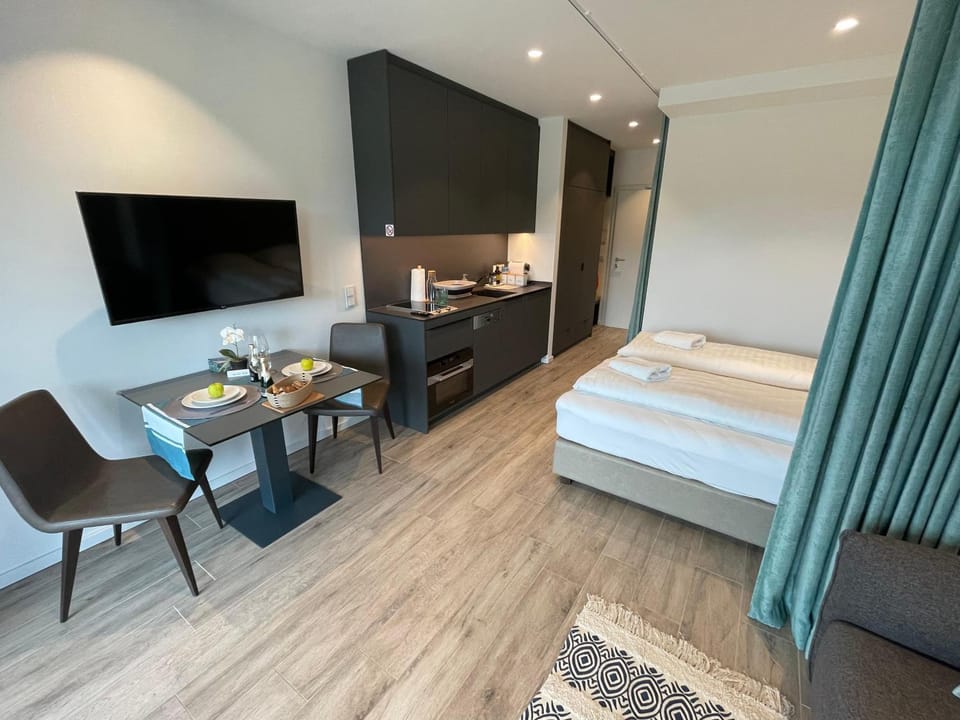 Bed, TV and multimedia, Kitchen or kitchenette, Living room, Photo of the whole room, Seating area, Dining area, Bedroom