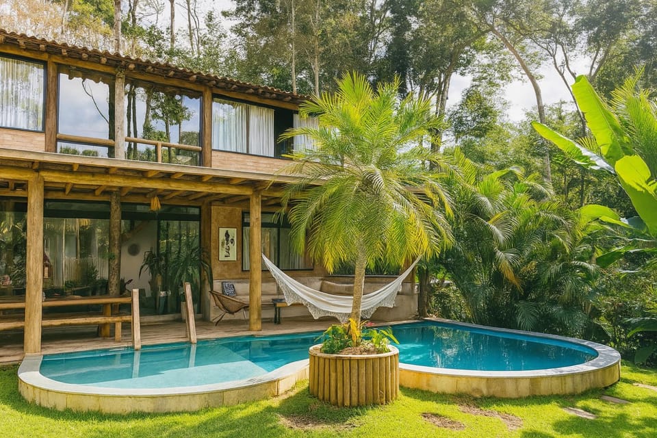 Property building, Patio, Natural landscape, Garden view, Pool view, Swimming pool