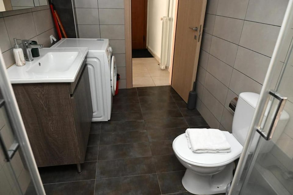 Toilet, Bathroom, towels, washing machine