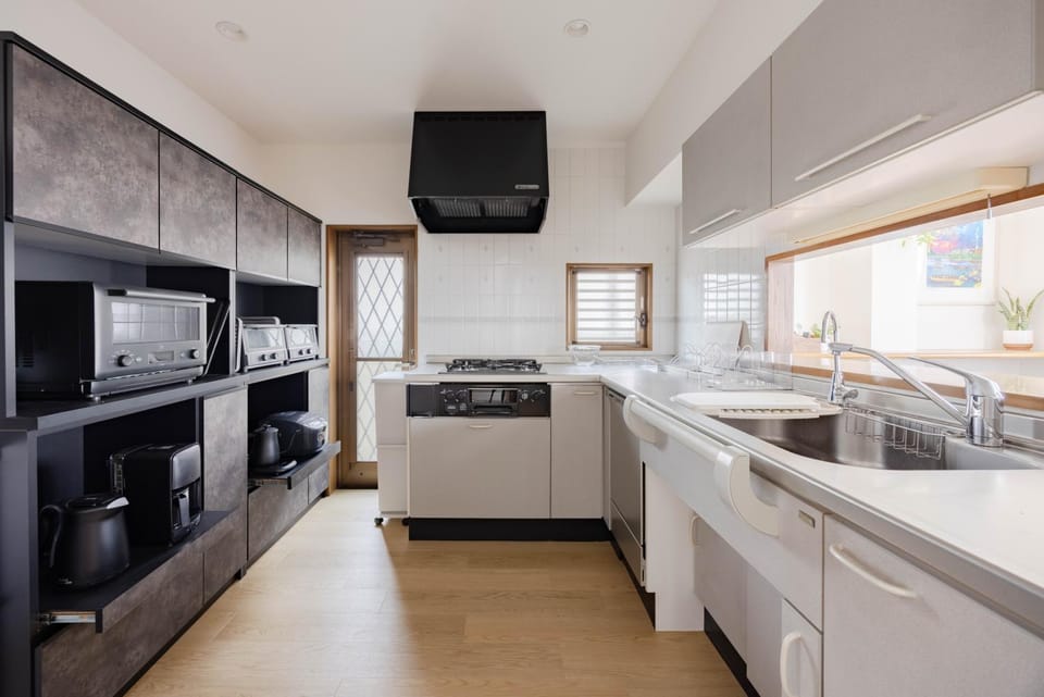 Kitchen or kitchenette, stove