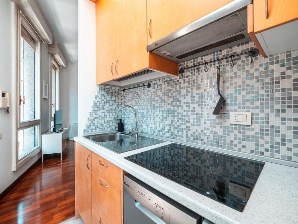 Kitchen or kitchenette, dishwasher, stove