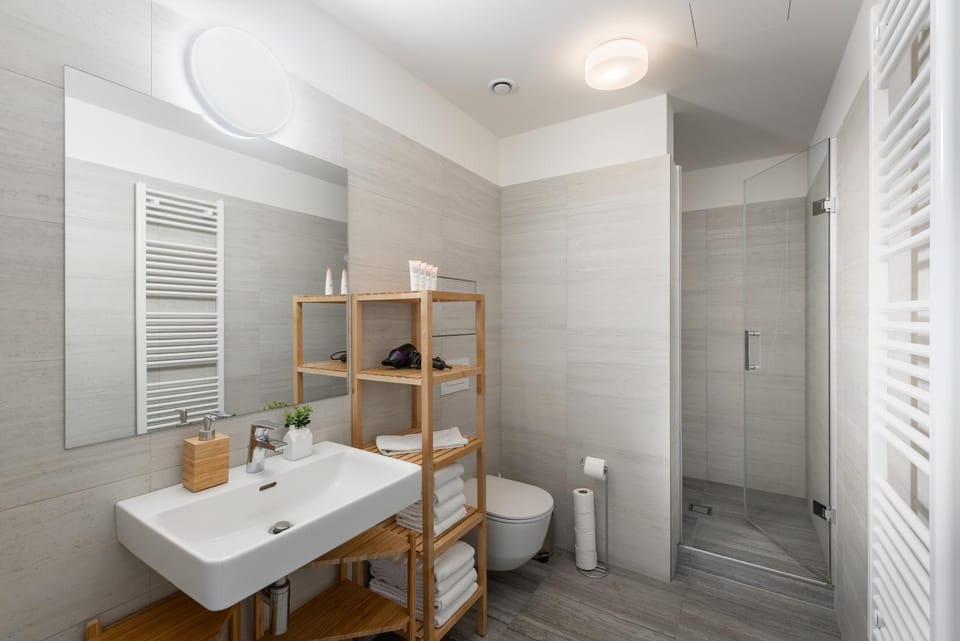 Shower, Toilet, Bathroom, hair dryier, towels