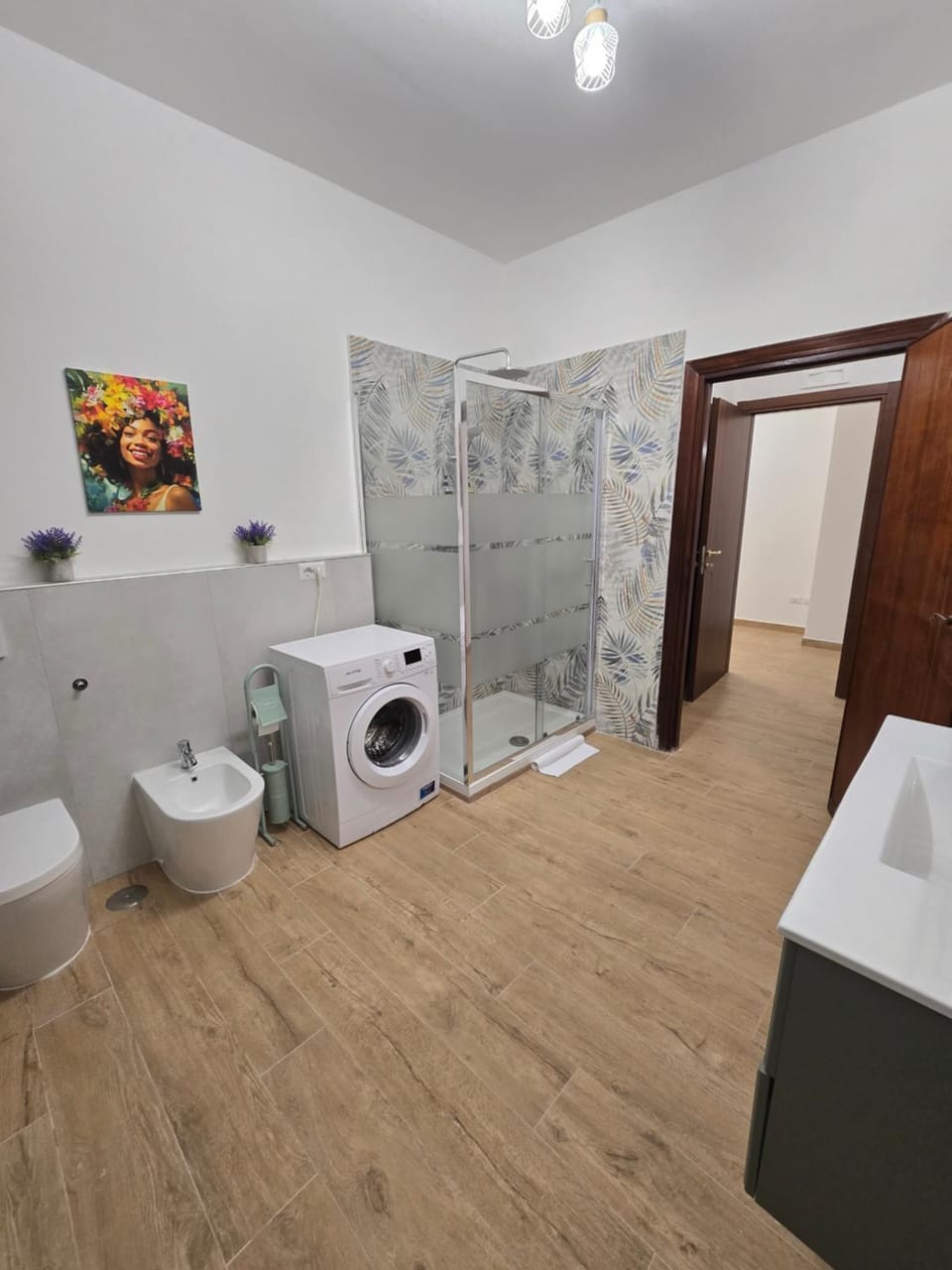 Shower, Toilet, Bathroom, bidet, towels, washing machine