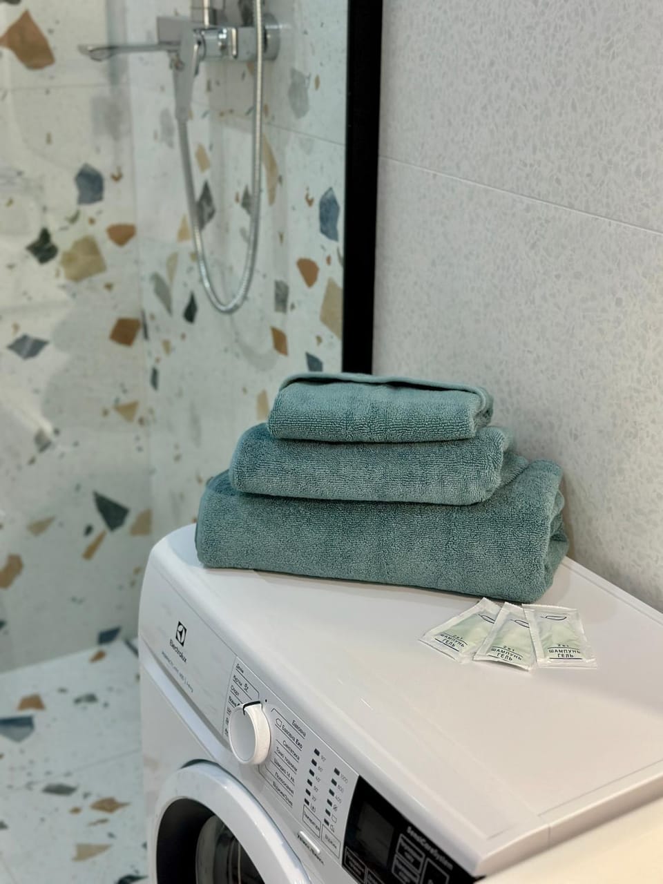 Bathroom, towels, washing machine