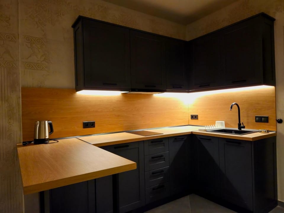 Kitchen or kitchenette, stove