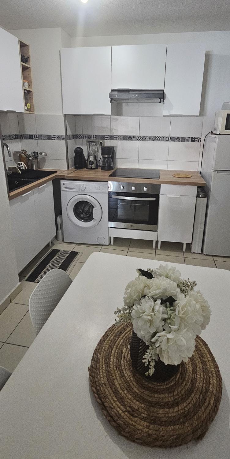 Kitchen or kitchenette, stove, washing machine
