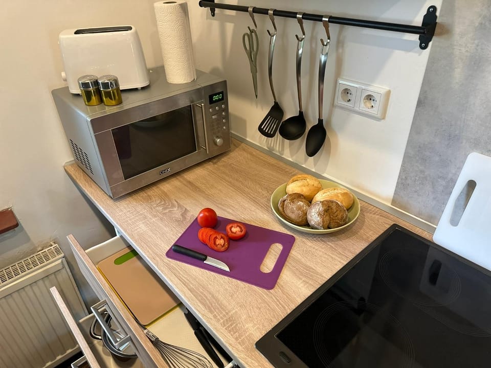 Kitchen or kitchenette, microwave, toaster