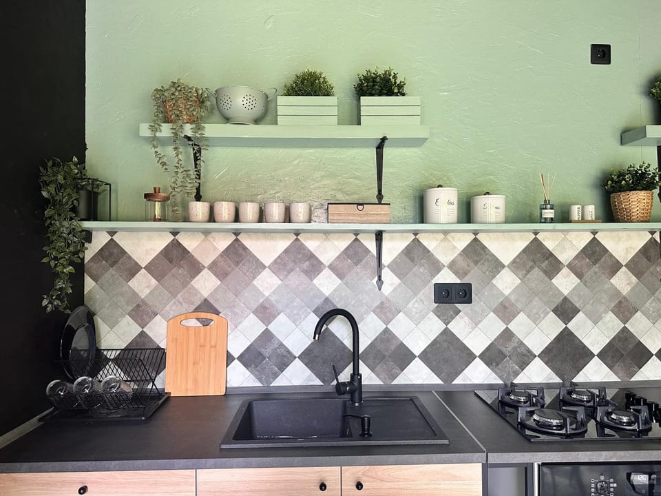 Kitchen or kitchenette, stove