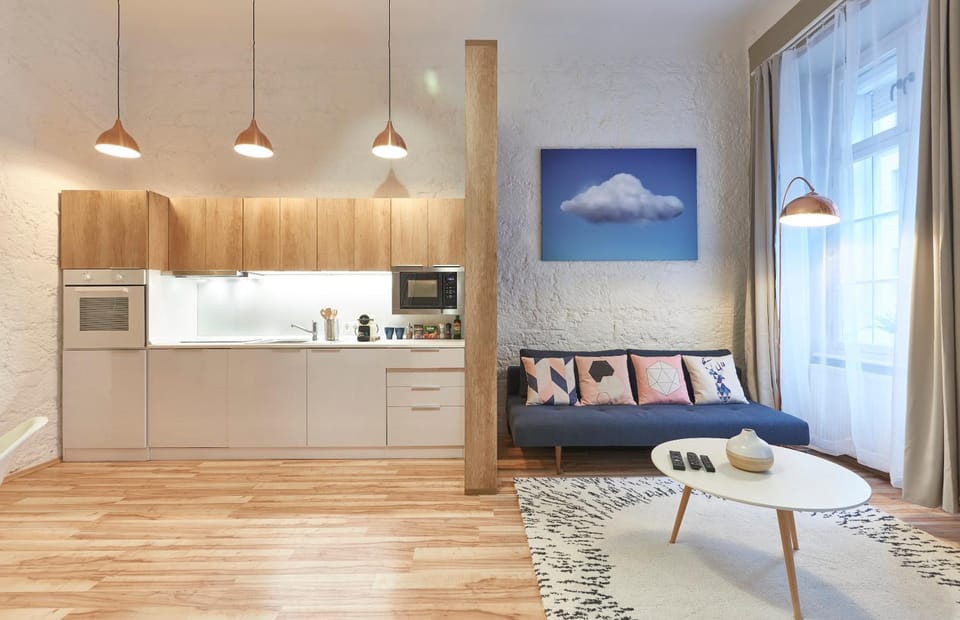Kitchen or kitchenette, Living room, Seating area