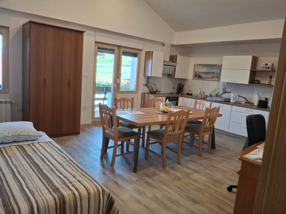 Bed, Kitchen or kitchenette, Living room, Seating area, Dining area