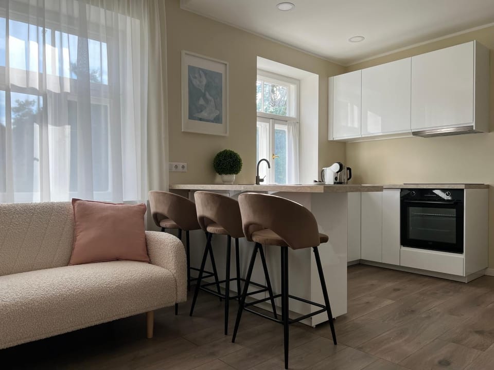 Kitchen or kitchenette, Living room, Dining area, oven, stove