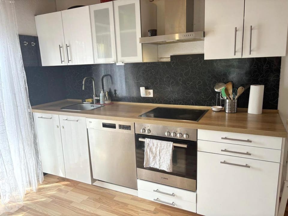 Kitchen or kitchenette, dishwasher, oven, stove
