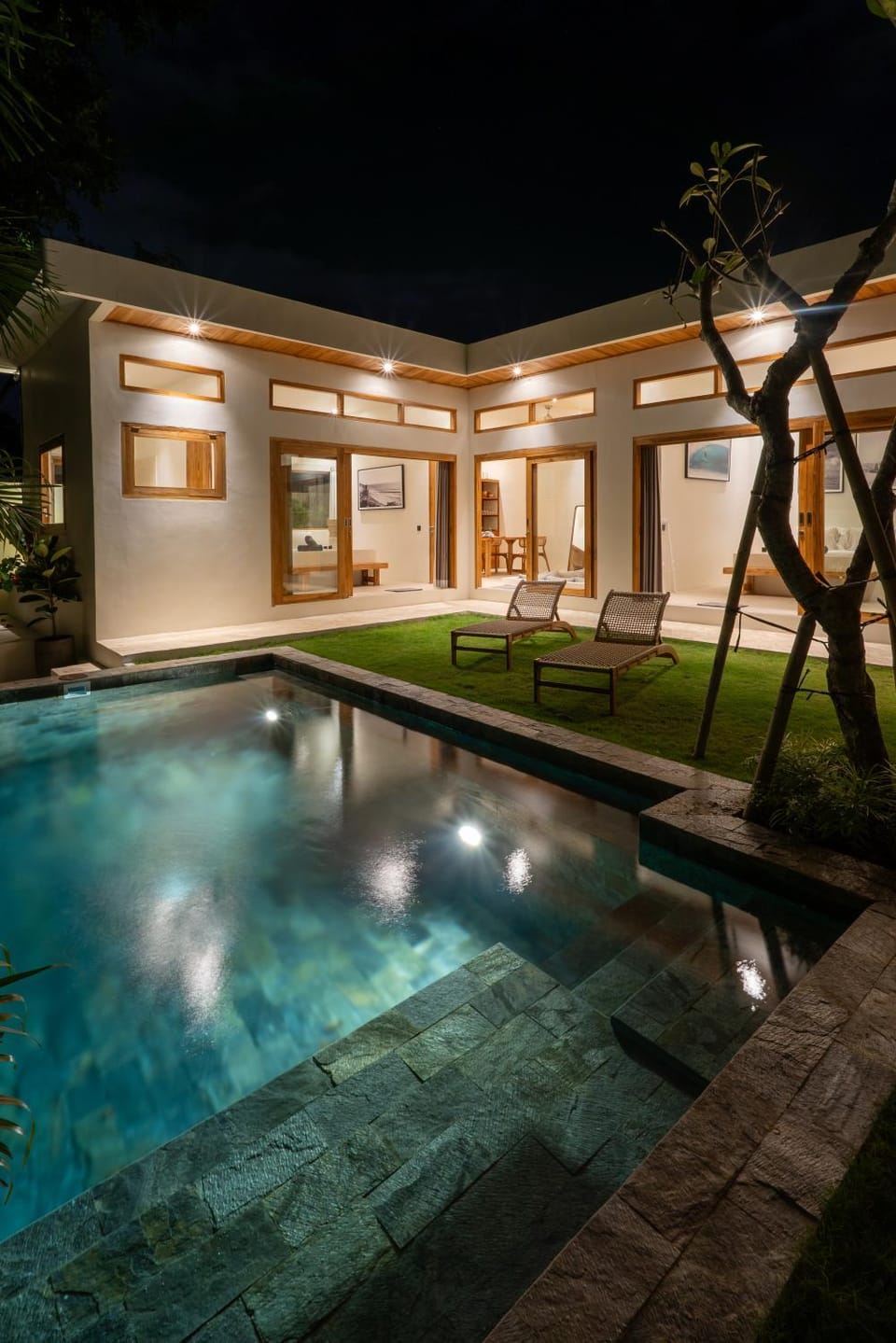 Property building, Patio, Night, Swimming pool