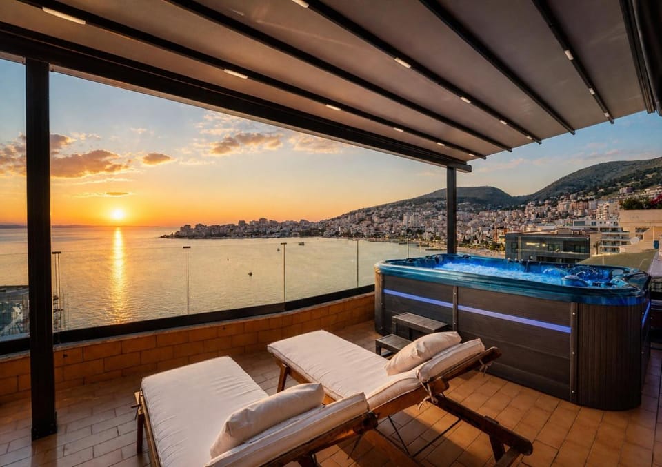 Patio, Natural landscape, Hot Tub, View (from property/room), Balcony/Terrace, Sea view, Sunrise, Sunset, sunbed