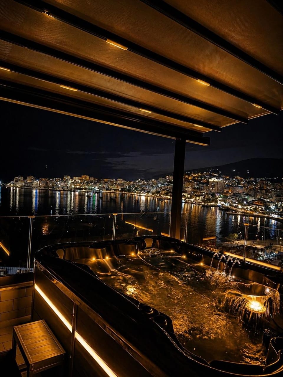 Night, Natural landscape, Living room, Seating area, City view