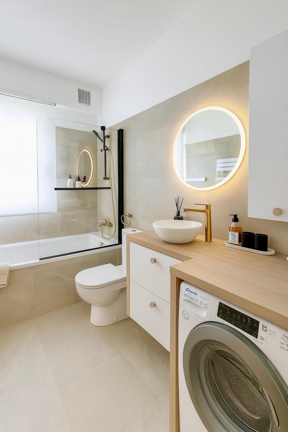 Toilet, Bathroom, Bath, towels, washing machine, dryer