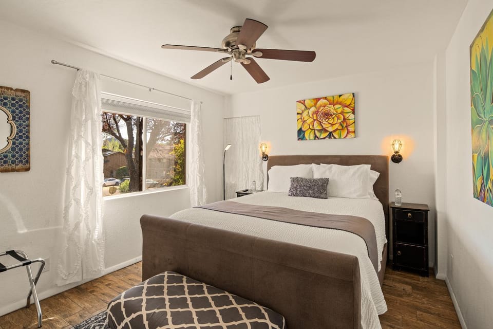 Bed, Decorative detail, Bedroom, Garden view
