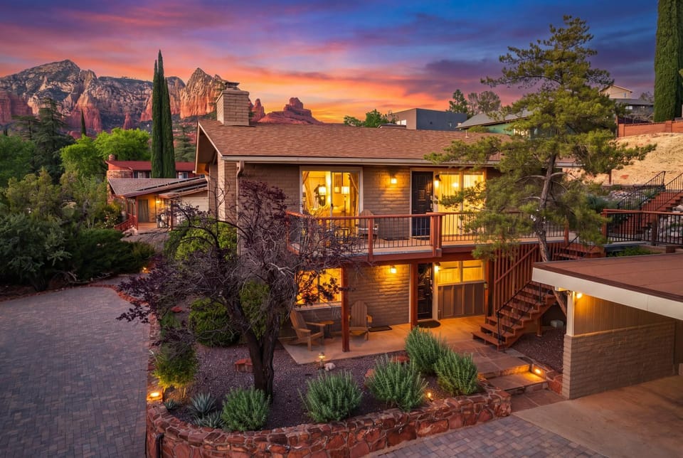 Property building, Facade/entrance, Bird's eye view, Mountain view, Sunset